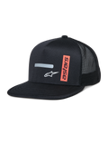 Alpinestars Alter Trucker Hat, Black trucker cap with structured crown and flat bill, breathable mesh back, featuring a horizontal gray reflective stripe, white A-star logo, and a vertical orange astars graphic, casual motorsport-inspired streetwear