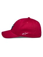 Alpinestars Elemental Hat, Red, side profile view, curved bill and structured crown, white embroidered Alpinestars logo on side, casual motorsport-inspired headwear
