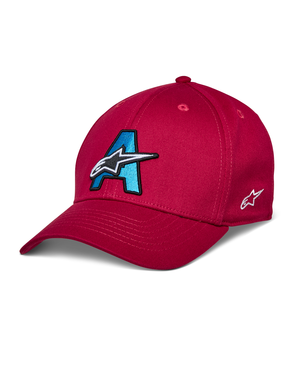 Alpinestars Elemental Hat, Red Baseball Cap, Cyan Blue and Black 3D Embroidered A Logo, White Star design, Curved Bill, Structured Crown, Casual Motorsport Headwear