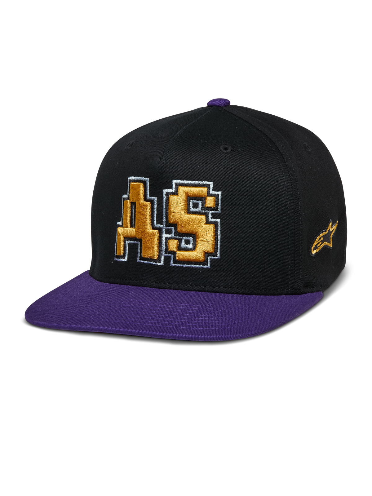 Alpinestars Franchise Hat, Flat Bill Cap, Black and Purple, Gold 3D Embroidered AS Logo with White Outline, Purple Brim and Top Button, Structured Flex Fit Design