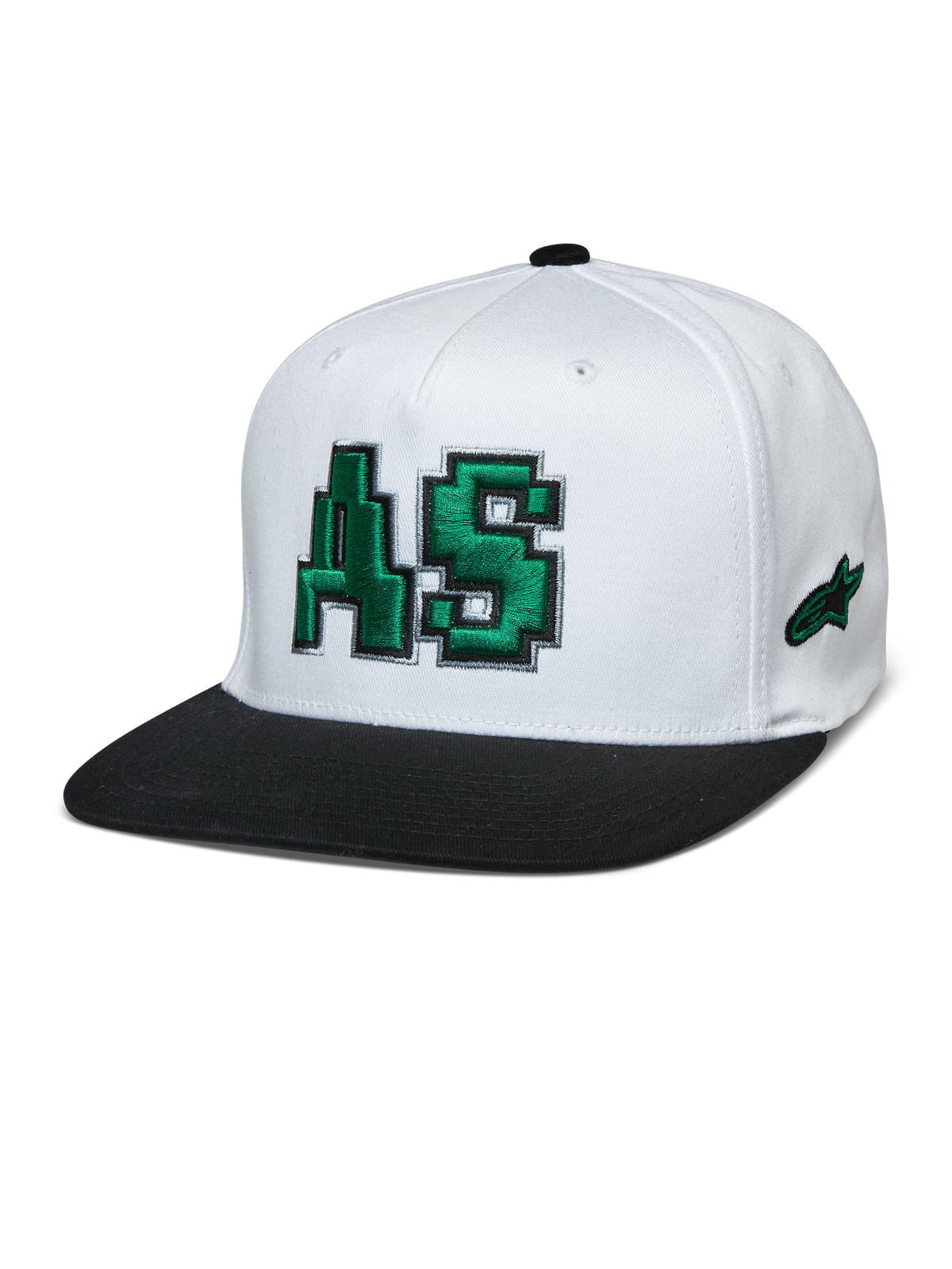 Alpinestars Franchise Hat, White Crown with Black Flat Bill, Green 3D Embroidered AS Logo, Flex Back Baseball Cap, Motorsport Lifestyle Headwear