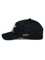 Alpinestars Vivid Hat, Black Snapback Baseball Cap, side profile featuring a pink embroidered star logo and colorful 3D front branding, curved bill, casual motorsport-inspired streetwear