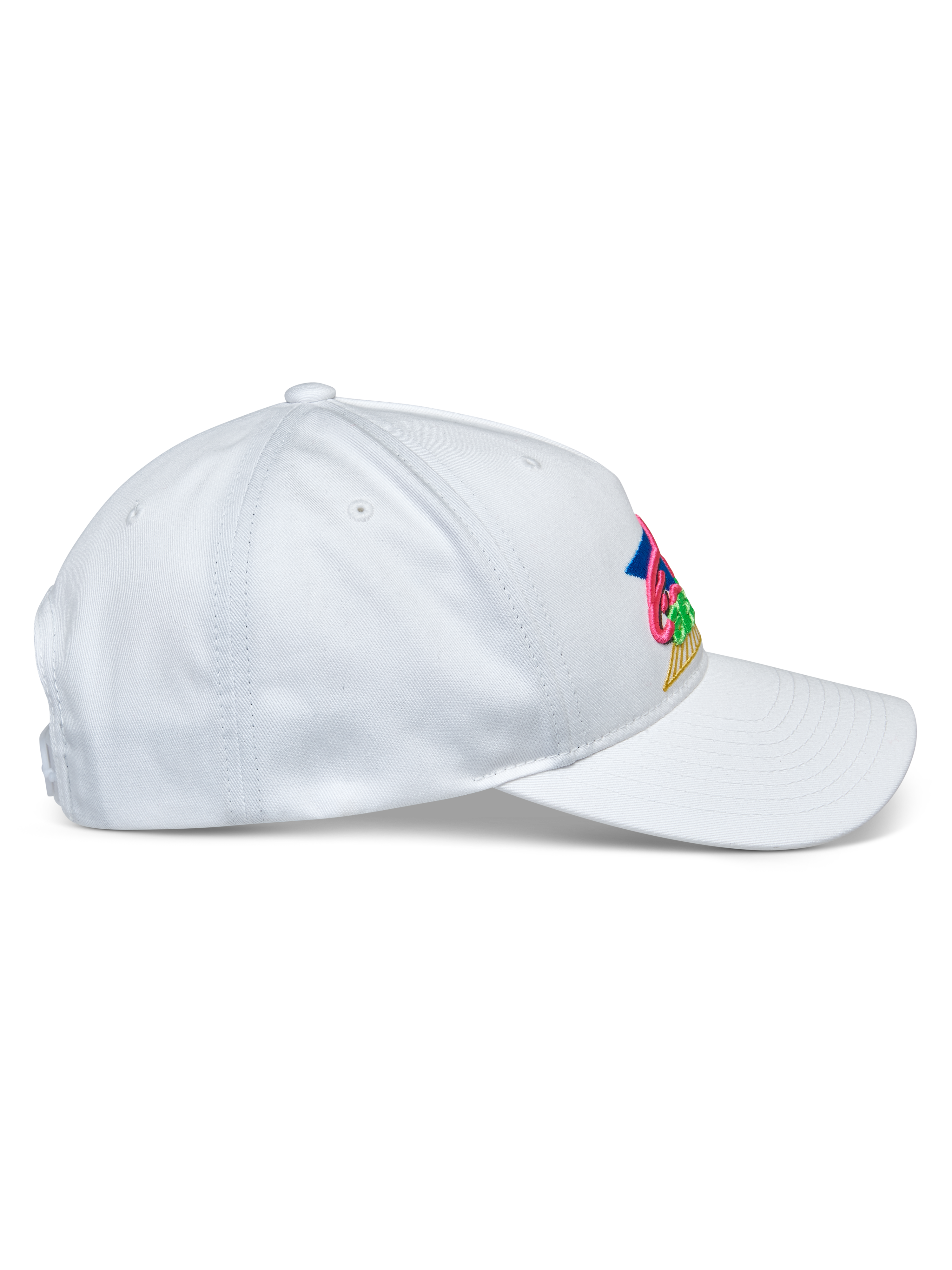 Alpinestars Vivid Hat, White, Side profile, Semi-structured low crown baseball cap with curved bill, Cotton twill fabric, Featuring vibrant multi-colored embroidery on the front, Casual sportswear headwear