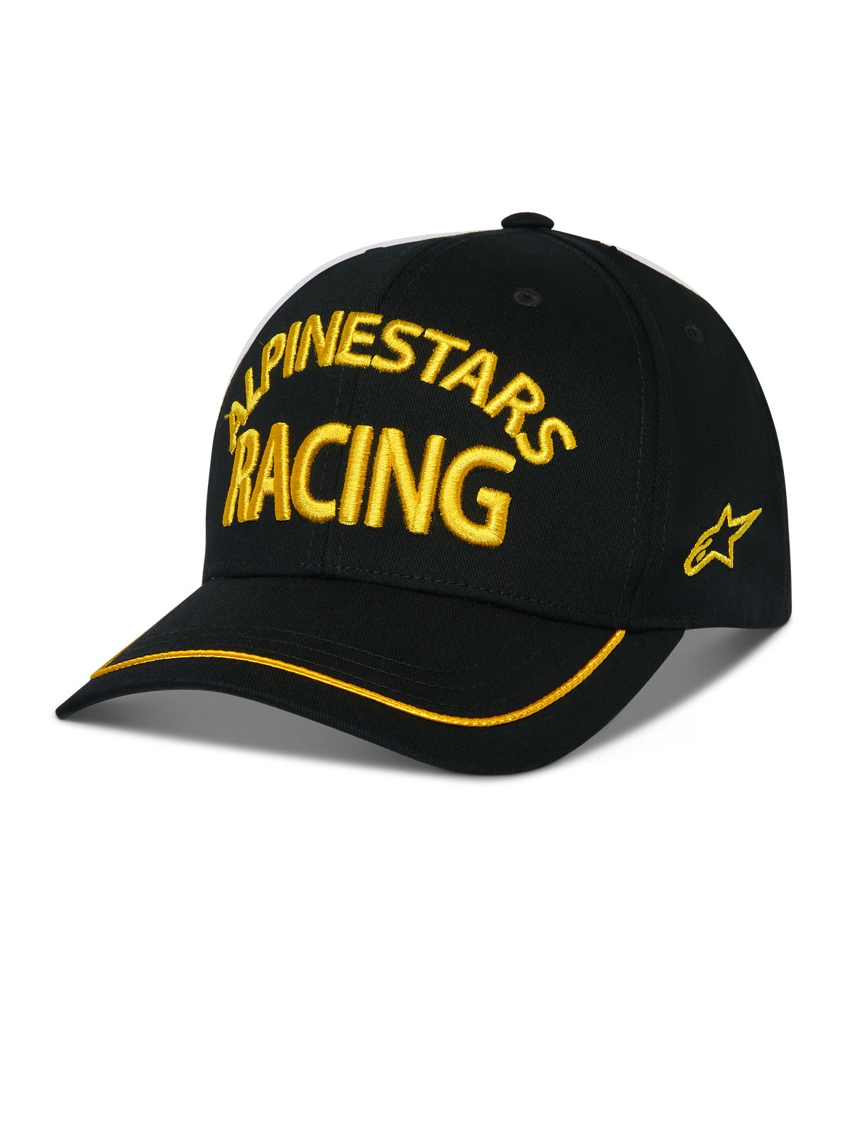 Alpinestars Luminary Hat, Black Baseball Cap, Yellow ALPINESTARS RACING 3D Embroidery, Curved Brim with Yellow Trim, Side Star Logo, Casual Motorsport Streetwear