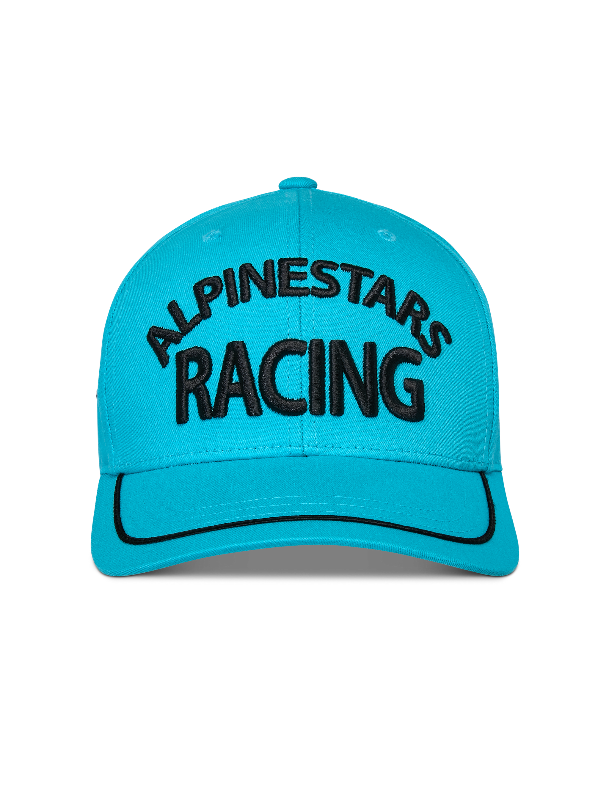 Alpinestars Luminary Hat, Aqua Blue, front view of curved bill snapback hat, black 3D embroidered Alpinestars Racing logo, black sutache trim on the brim, structured crown, casual sportswear