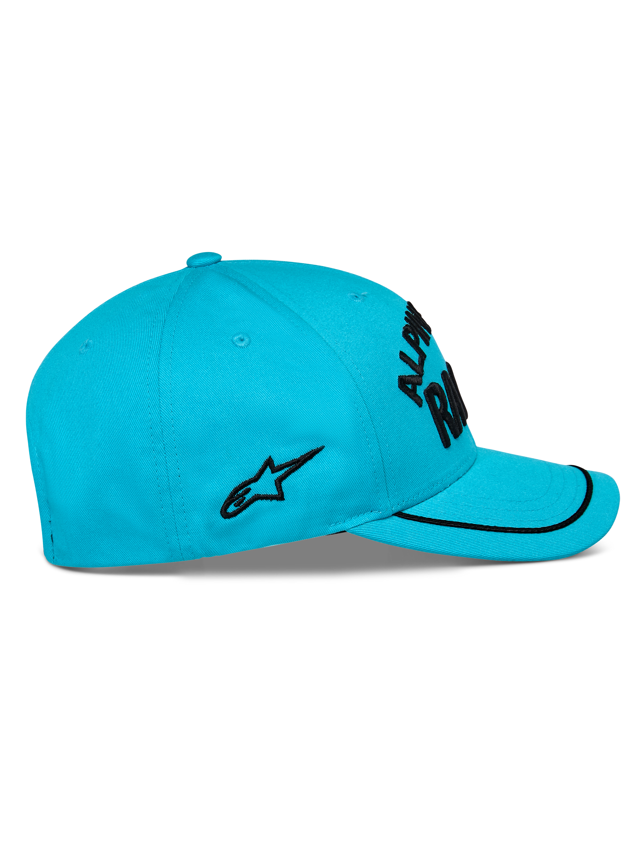 Alpinestars Luminary Hat, Aqua Blue, side view, curved bill with black sutache trim, black flat embroidered logo on the side, structured crown, casual motorsport headwear