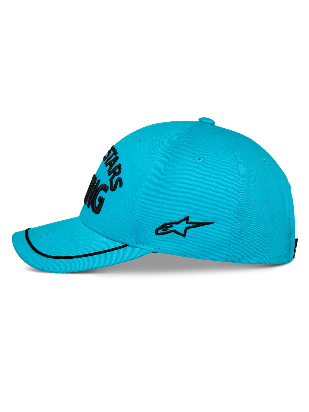 Alpinestars Luminary Hat, Aqua Blue baseball cap, side profile view, curved bill with black sutache trim, black embroidered side logo, structured crown, casual sportswear