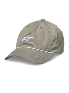 Alpinestars Tyler Hat, Khaki Baseball Cap, featuring a white 3D embroidered logo and white braided rope trim, unstructured low crown with a curved bill, and six-panel recycled twill construction with ventilation holes.