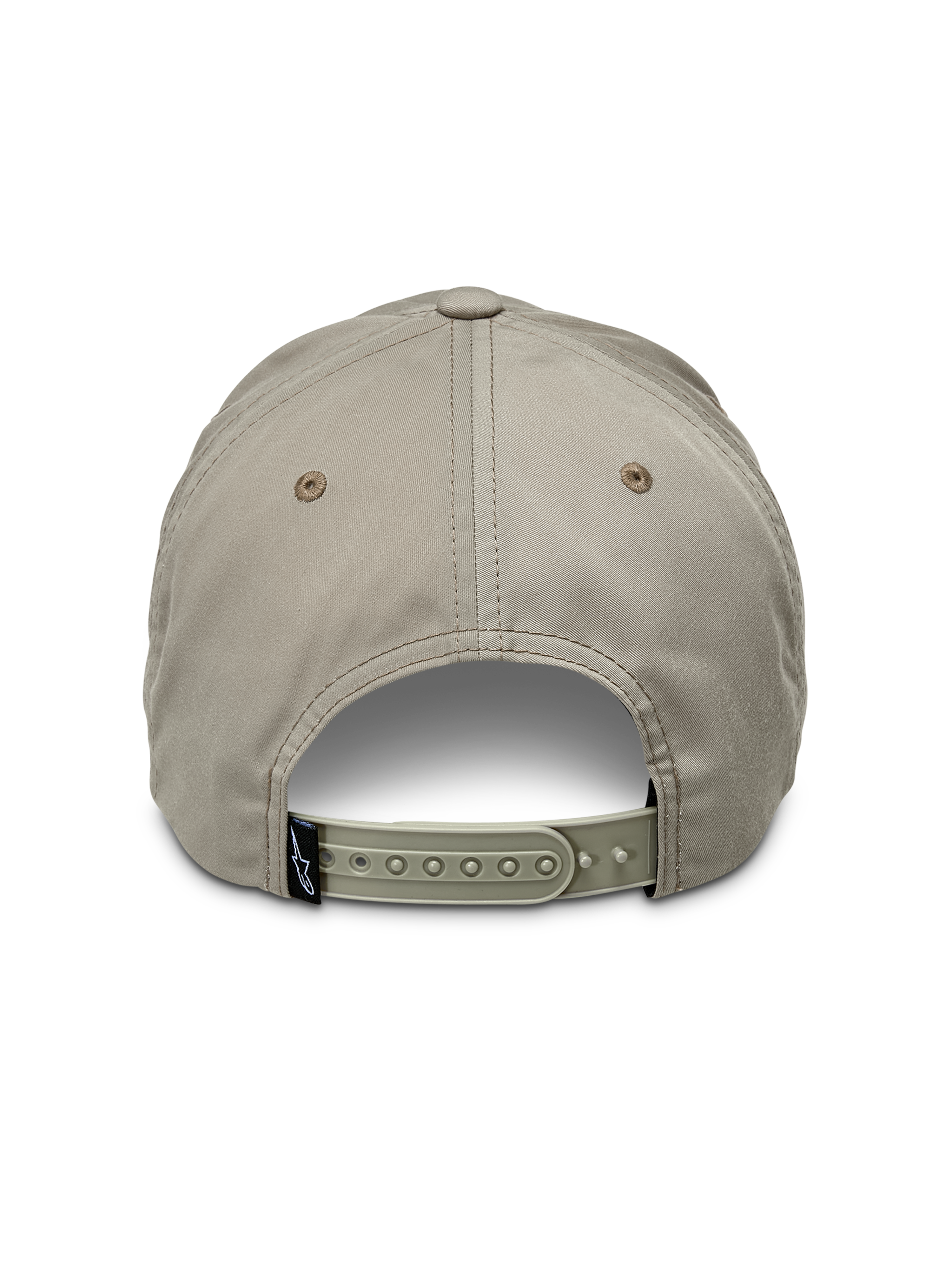 Alpinestars Tyler Hat, Khaki, rear view showing adjustable snapback closure and small black brand tag, unstructured low crown design in recycled twill fabric, casual sportswear hat