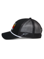 Alpinestars Selica Trucker Hat, Black, side profile showing curved bill and mesh back, white braided rope trim at the base of the crown, white side embroidered logo, casual motorsport-inspired cap