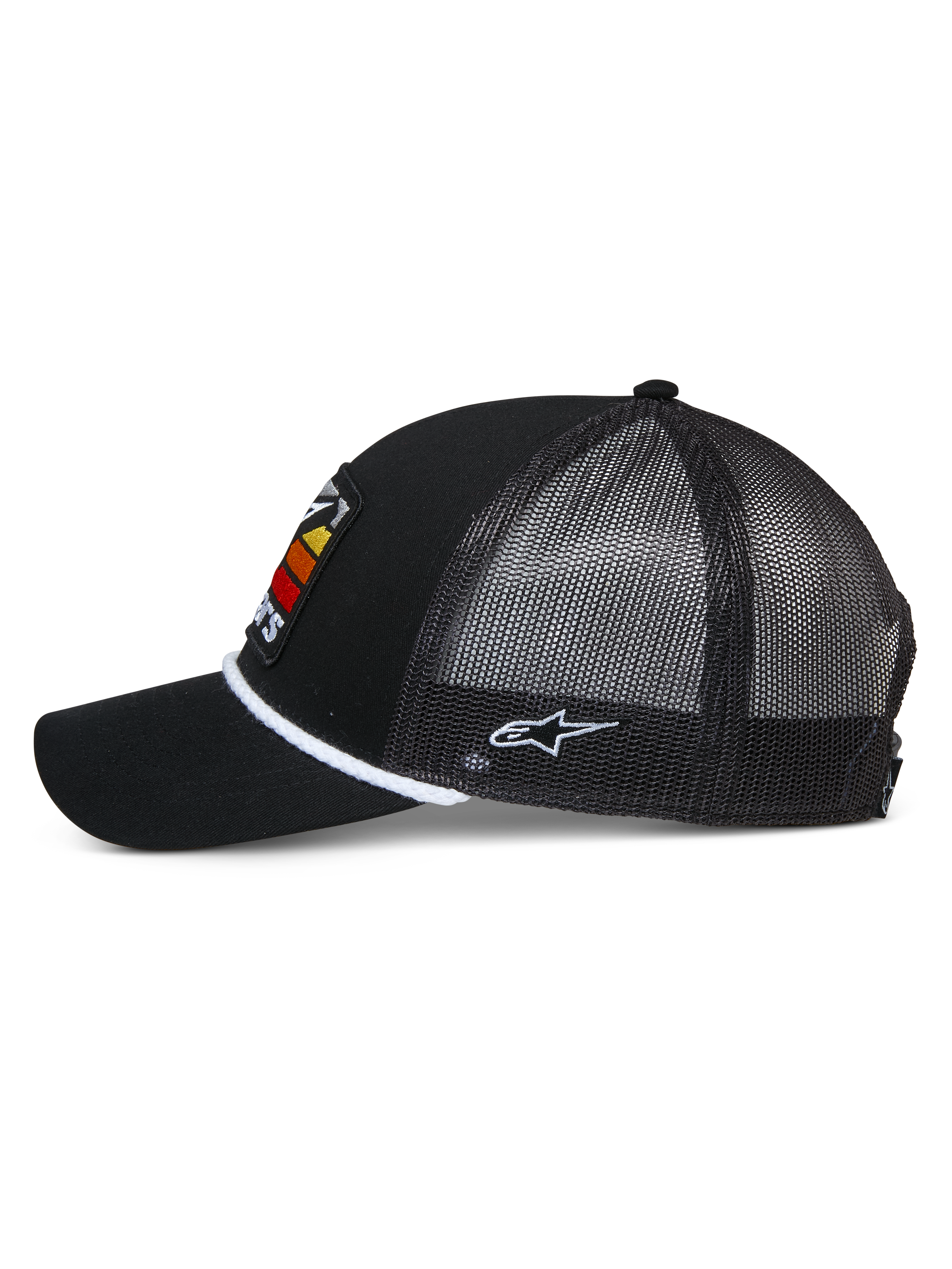 Alpinestars Selica Trucker Hat, Black, side profile showing curved bill and mesh back, white braided rope trim at the base of the crown, white side embroidered logo, casual motorsport-inspired cap