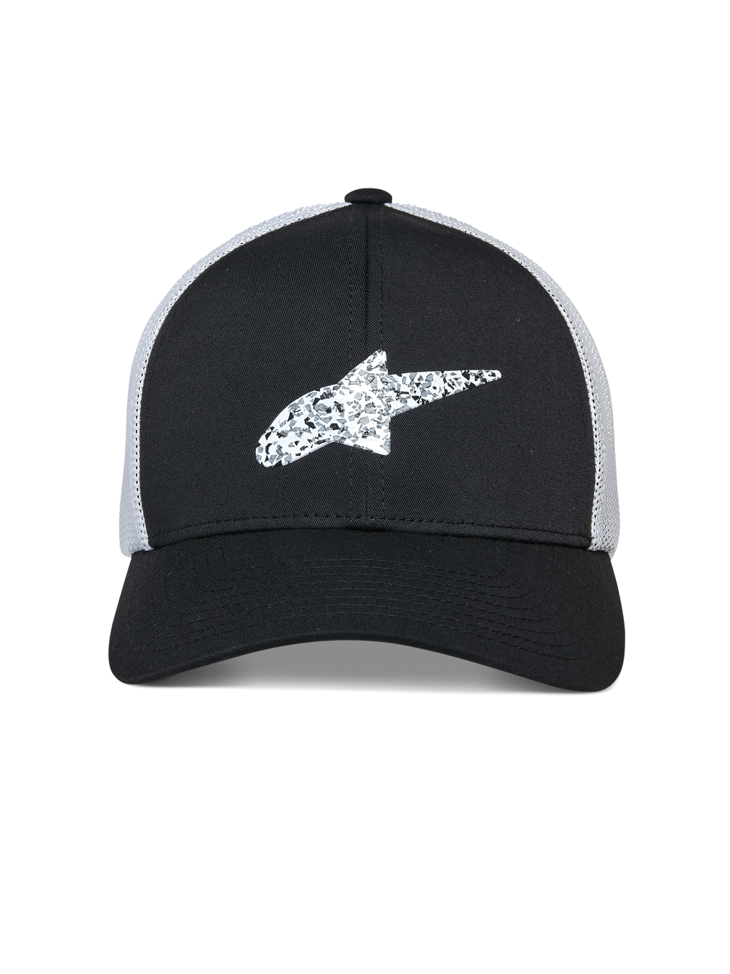 Alpinestars Terolithic Trucker Hat, Sportswear Hat, Black with White mesh back, textured white Alpinestars star logo on front, curved bill and structured low crown