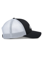 Alpinestars Terolithic Trucker Hat, side view, black front panel with curved bill, white mesh back panels, structured low crown, classic trucker style headwear