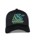 Alpinestars Ayess Trucker Hat, Snapback Cap, Black and White, Teal and Yellow Alpinestars Racing Graphic on Foam Crown, Curved Bill and White Mesh Back, Casual Motorsport-Inspired Design