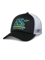 Alpinestars Ayess Trucker Hat, Black and White Trucker Cap, Curved Bill, White Mesh Back Panels, Teal and Yellow AS Logo with Alpinestars Racing text, Side Star Logo on mesh, Casual Motorsport Sportswear