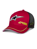 Alpinestars Exceed Trucker Hat, Red and Black, Mesh Back Baseball Cap featuring 3D Star Logo, Yellow AS Branding, and Yellow Accent Trim on Curved Brim