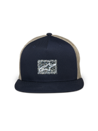Alpinestars Mackinic Trucker Hat, Navy Blue and Khaki, Flat Bill Trucker Cap, structured navy front panel with a speckled rectangular recycled logo patch, khaki mesh back, casual motorsport-inspired headwear