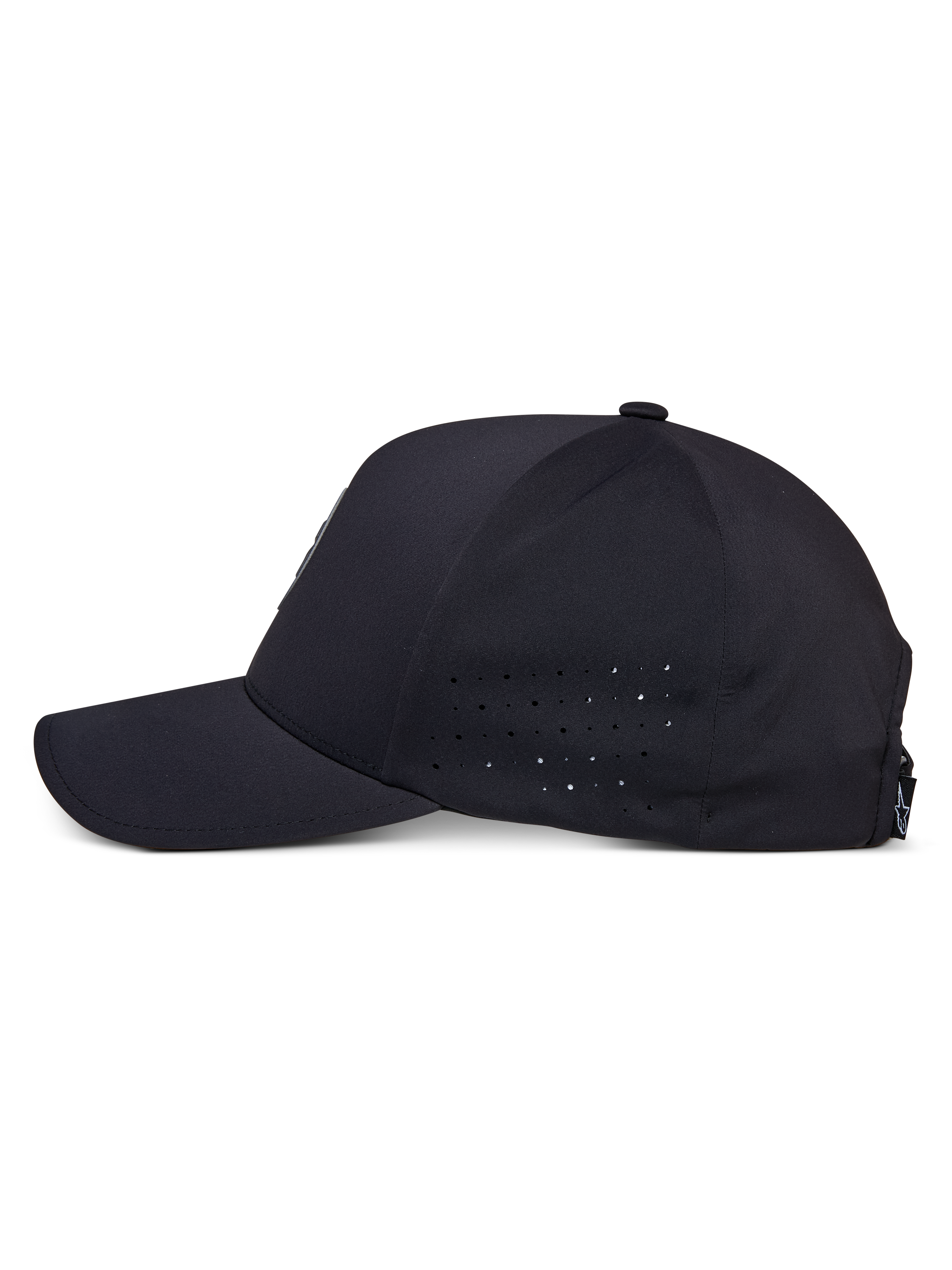 Alpinestars Apex Hat, Black, side profile view, curved bill with structured crown, side panel perforations for breathability, moisture-wicking technical fabric, casual performance sportswear