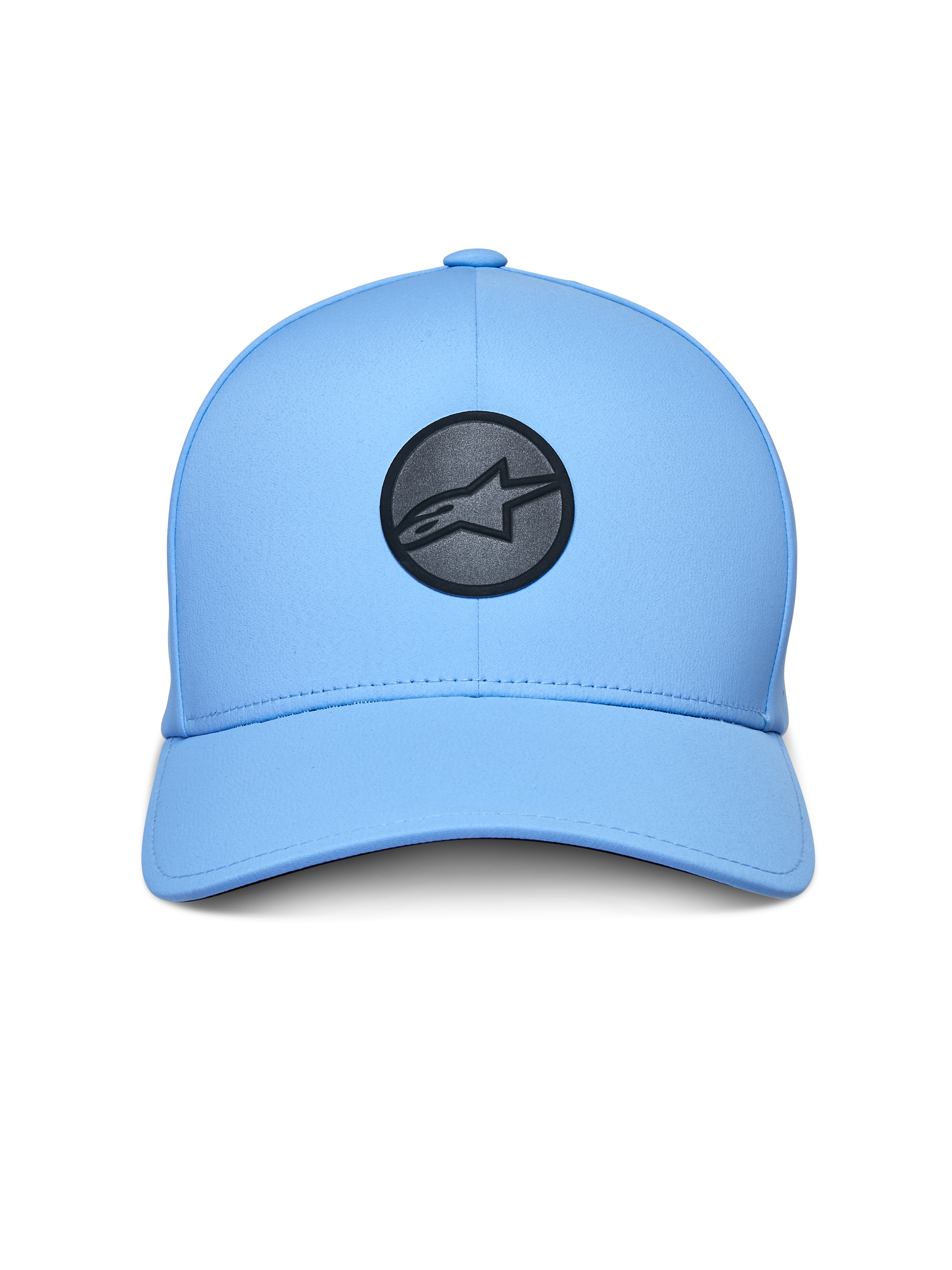 Alpinestars Apex Hat, Sportswear Hat, Light Blue, featuring a circular black reflective logo on the front, curved bill, structured crown, and technical stitchless bonded construction