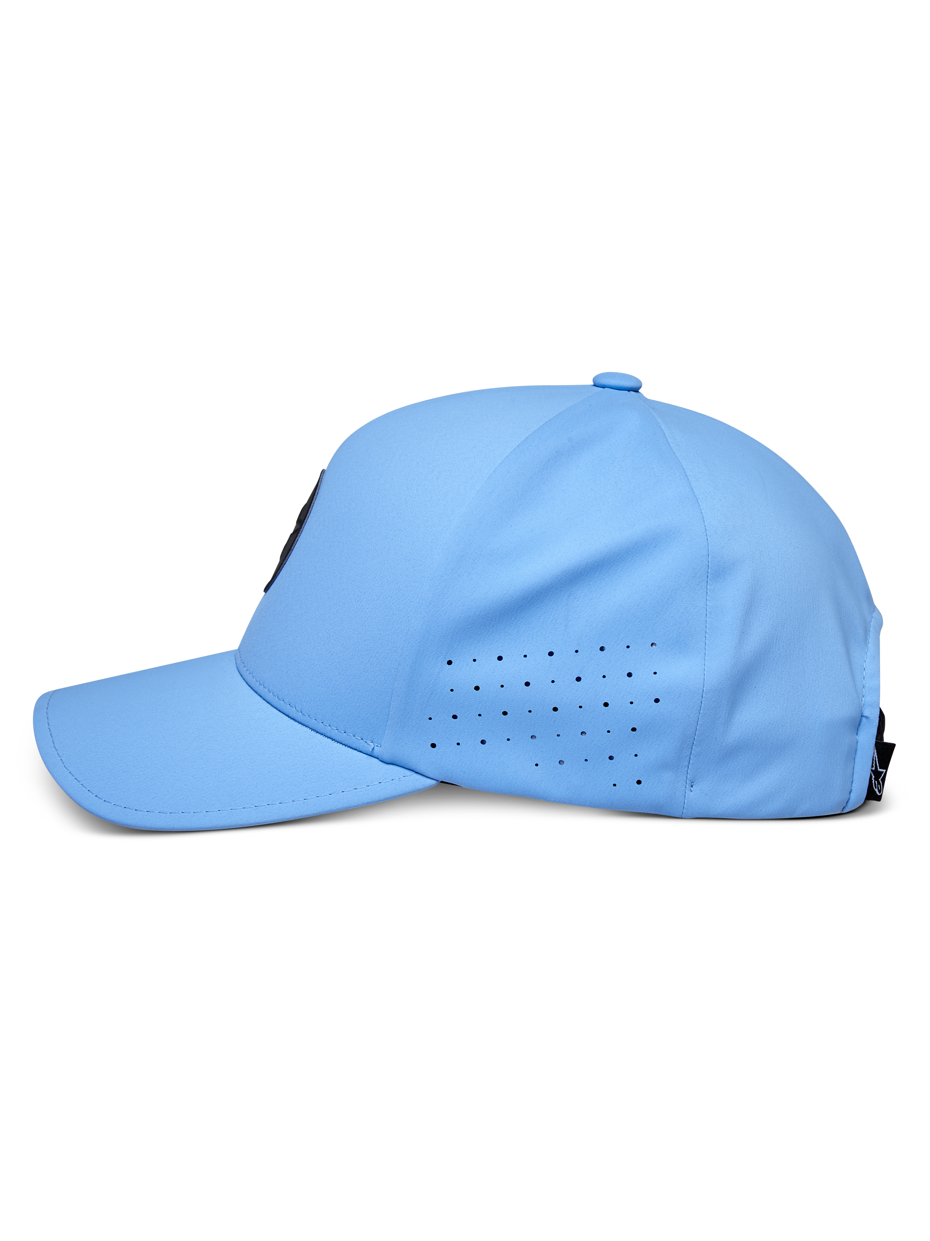 Alpinestars Apex Hat, Blue, side profile view, curved bill with perforated side panels for ventilation, technical moisture-wicking fabric, performance motorsport-inspired headwear