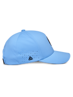 Alpinestars Apex Hat, Blue, technical baseball cap, side profile featuring curved bill and structured crown, laser-cut ventilation holes with a small black triangular logo, modern moisture-wicking fabric