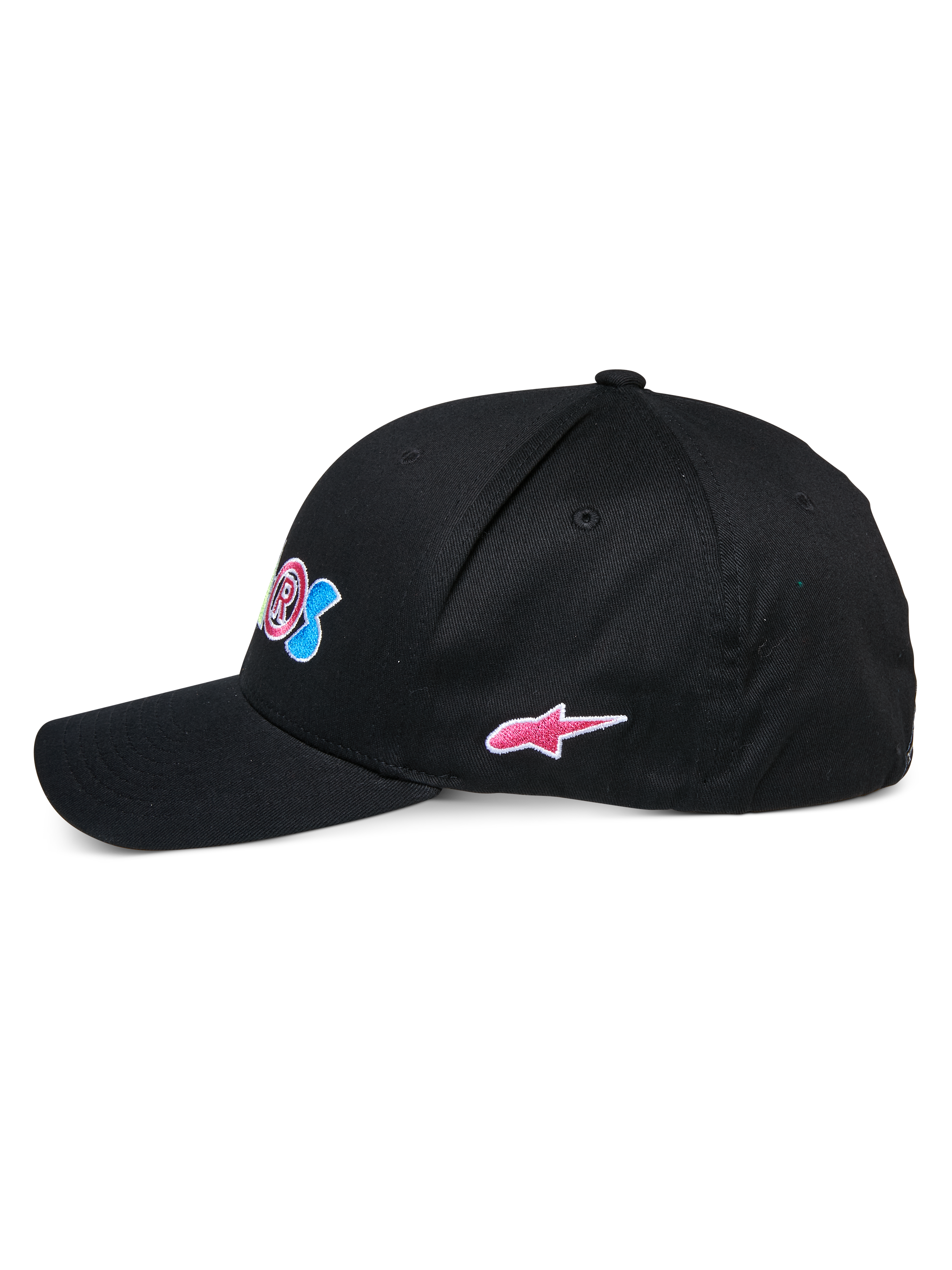 Alpinestars Cereal Hat, black baseball cap, side profile view, curved bill with structured crown, featuring colorful front embroidery and a pink Alpinestars star logo on the side, casual sportswear headwear