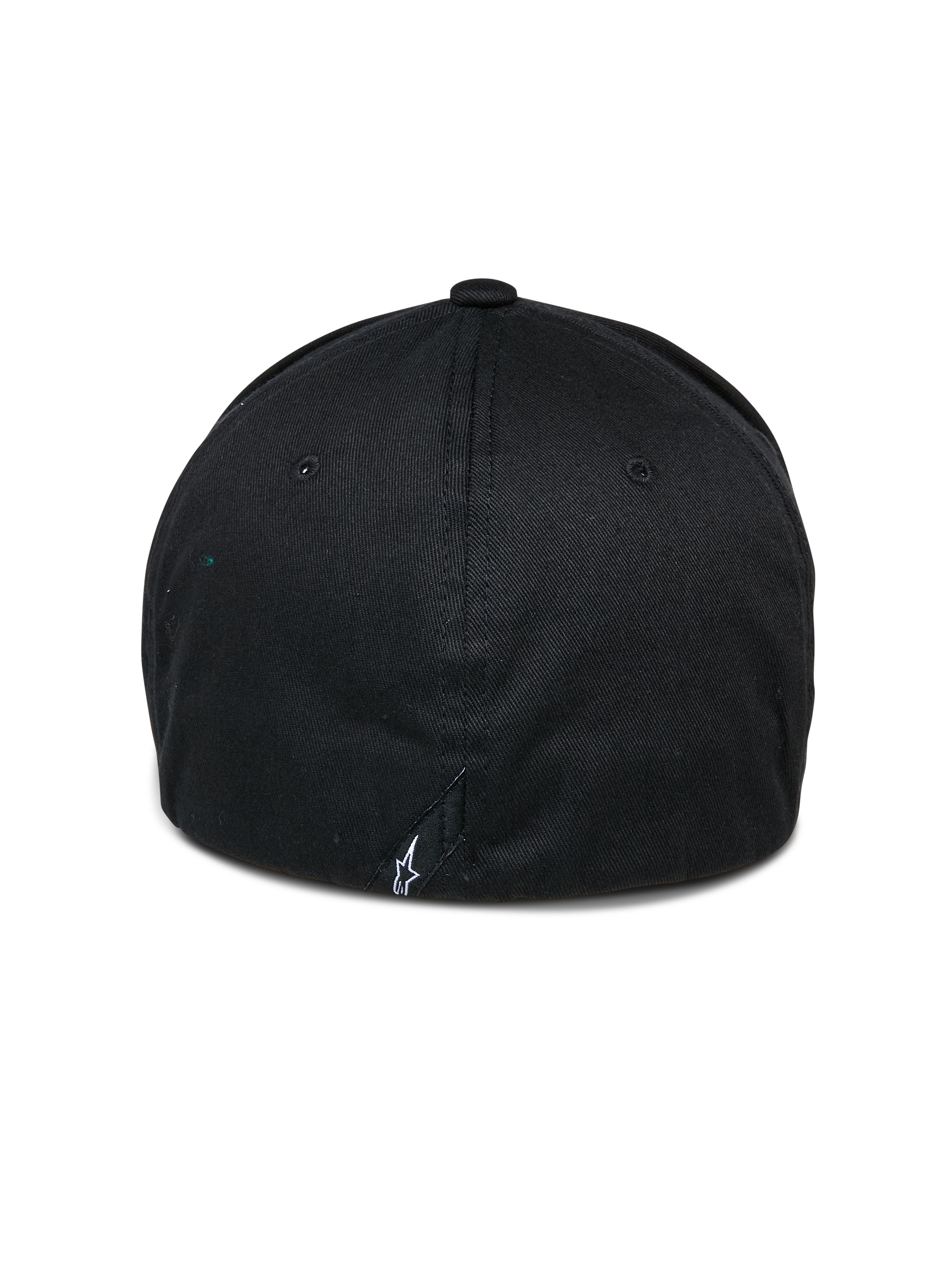 Alpinestars Cereal Hat, Black Baseball Cap, back view featuring flex back construction with a small white embroidered logo at the base, casual sportswear headwear