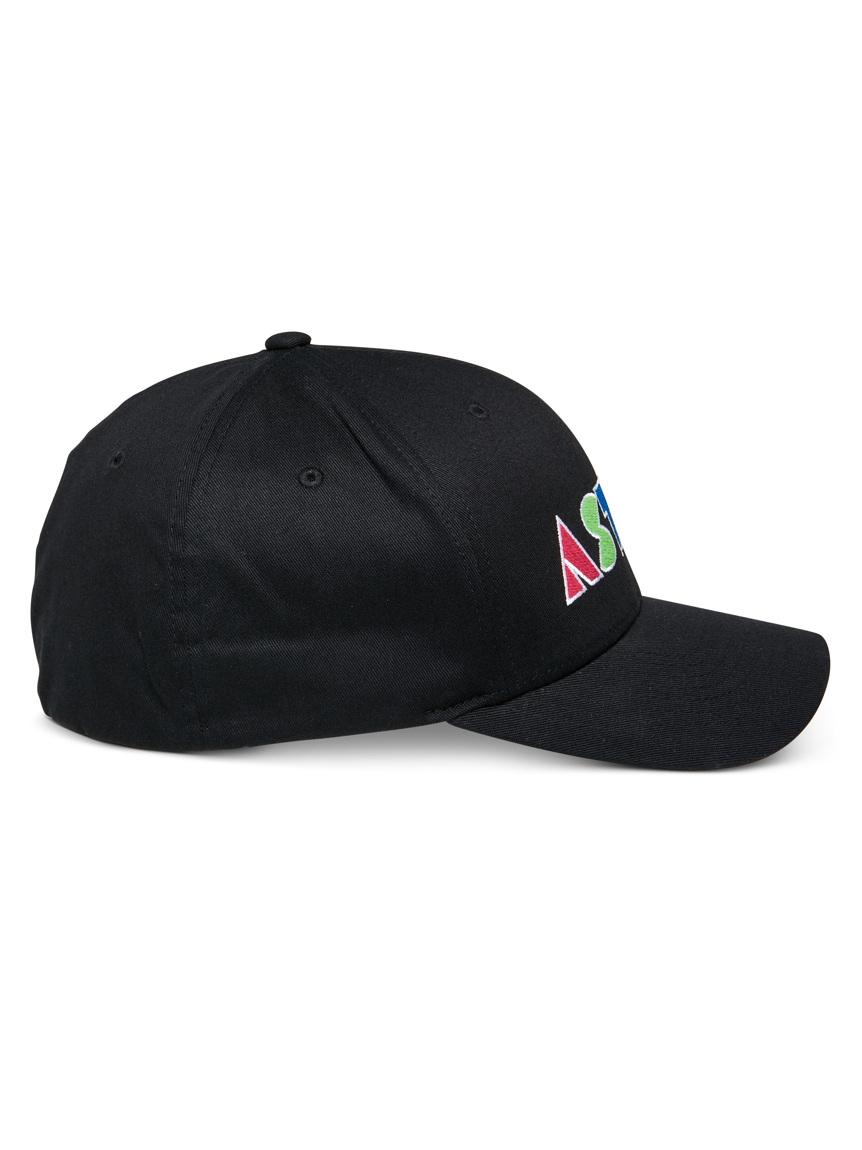 Alpinestars Cereal Hat, Black structured baseball cap, side profile view, colorful flat embroidery logo on the side with geometric letters, curved bill, casual sportswear design.