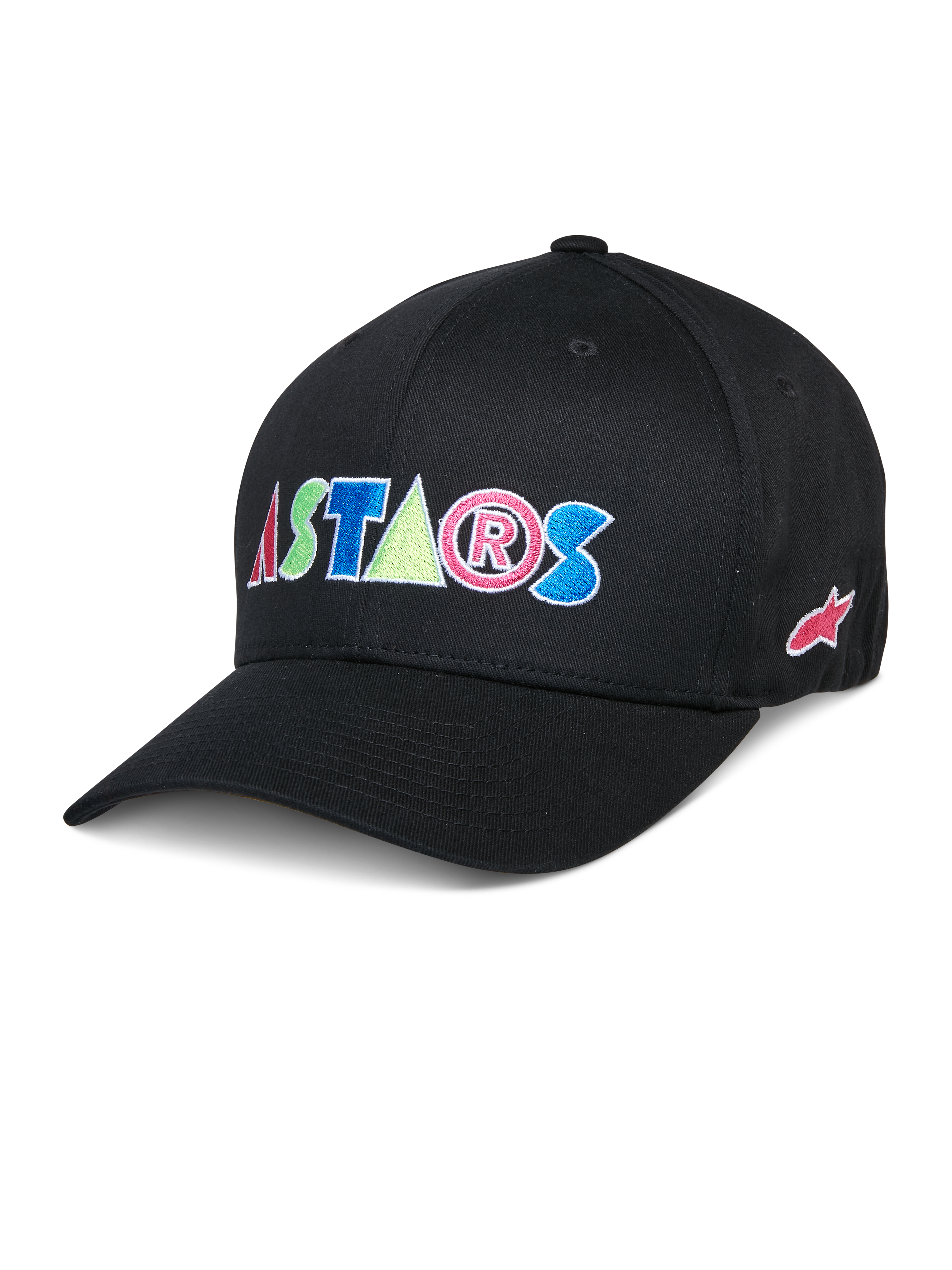 Alpinestars Cereal Hat, Black Baseball Cap, featuring colorful ASTARS embroidered letters, red, blue, pink, and green lettering, curved brim, casual lifestyle headwear