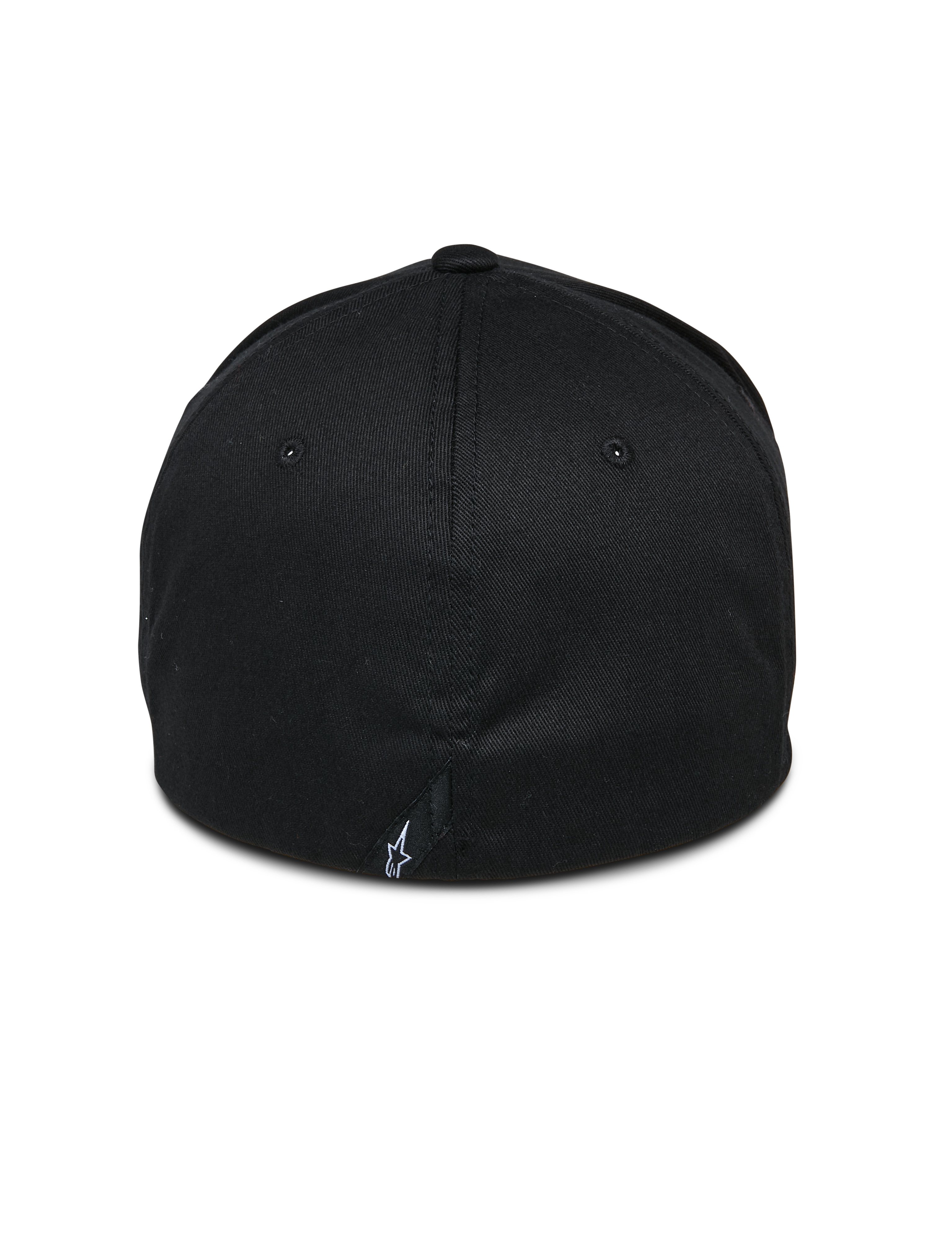 Alpinestars Share Hat, Black, back view showing closed flex-back construction, small white Astars logo on the rear seam, casual motorsport-inspired streetwear
