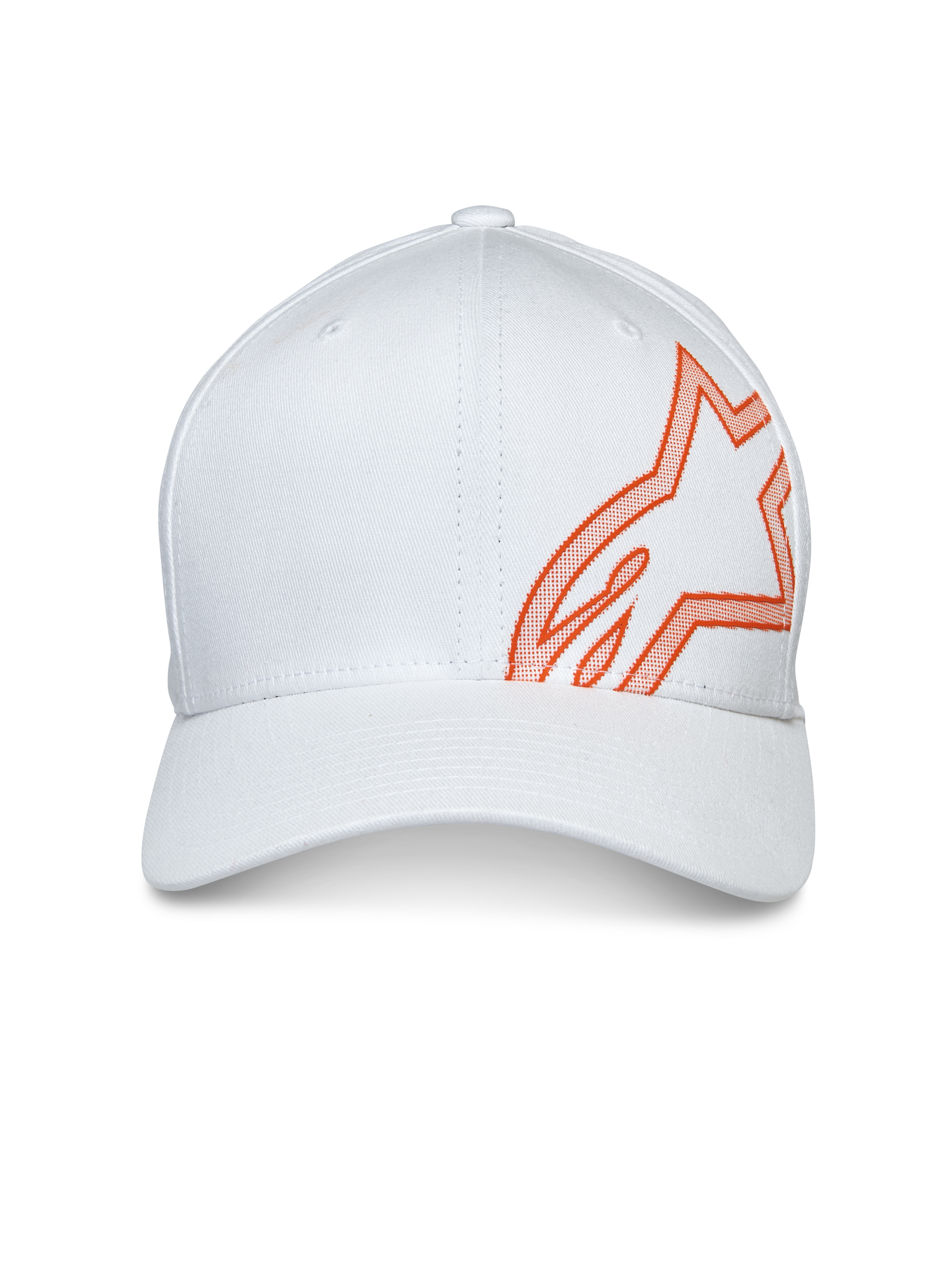 Alpinestars Share Hat, Baseball Cap, White, featuring a large orange HD puff print Astars logo on the side, curved bill with structured crown, casual motorsport headwear