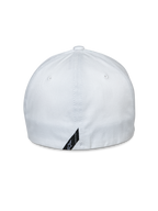 Alpinestars Share Hat, back view, white flex back baseball cap, stretch twill fabric, featuring a small black logo label at the bottom edge, casual sportswear accessory