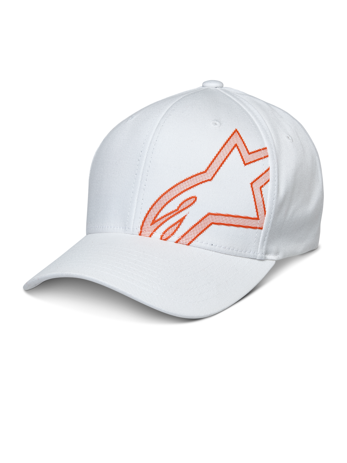 Alpinestars Share Hat, White Baseball Cap featuring an Orange HD Puff Print Astars Logo, Curved Bill and Structured Crown, Casual Motorsport Sportswear