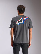 Alpinestars Angler CSF Tee, Short Sleeve T-Shirt, Charcoal, back view featuring a large Astars logo with blue and red accents and 'RACING AHEAD' text, casual motorsport streetwear