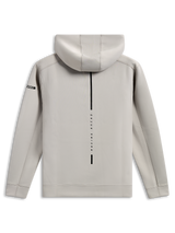 Alpinestars Insight Hoodie, back view of cement gray pullover, featuring a vertical black stripe with 'RACING AHEAD' text, small Astars sleeve logo, smooth tri-blend double face fleece, casual motorsport streetwear
