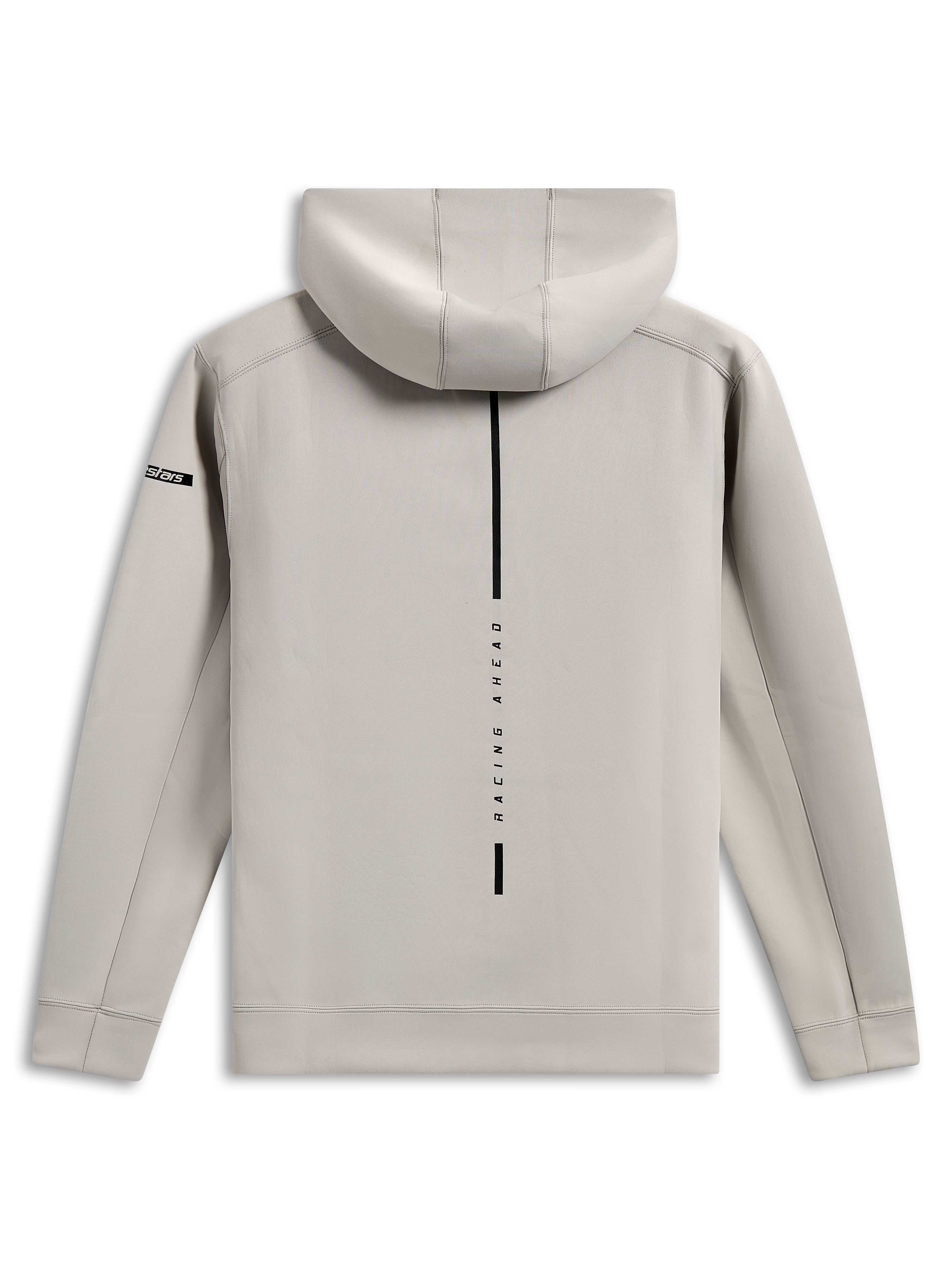 Alpinestars Insight Hoodie, back view of cement gray pullover, featuring a vertical black stripe with 'RACING AHEAD' text, small Astars sleeve logo, smooth tri-blend double face fleece, casual motorsport streetwear