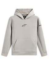 Alpinestars Insight Hoodie, casual sportswear, Cement gray with black Astars logo on chest, kangaroo pocket, mesh-lined hood, long sleeves, modern motorsport-inspired design