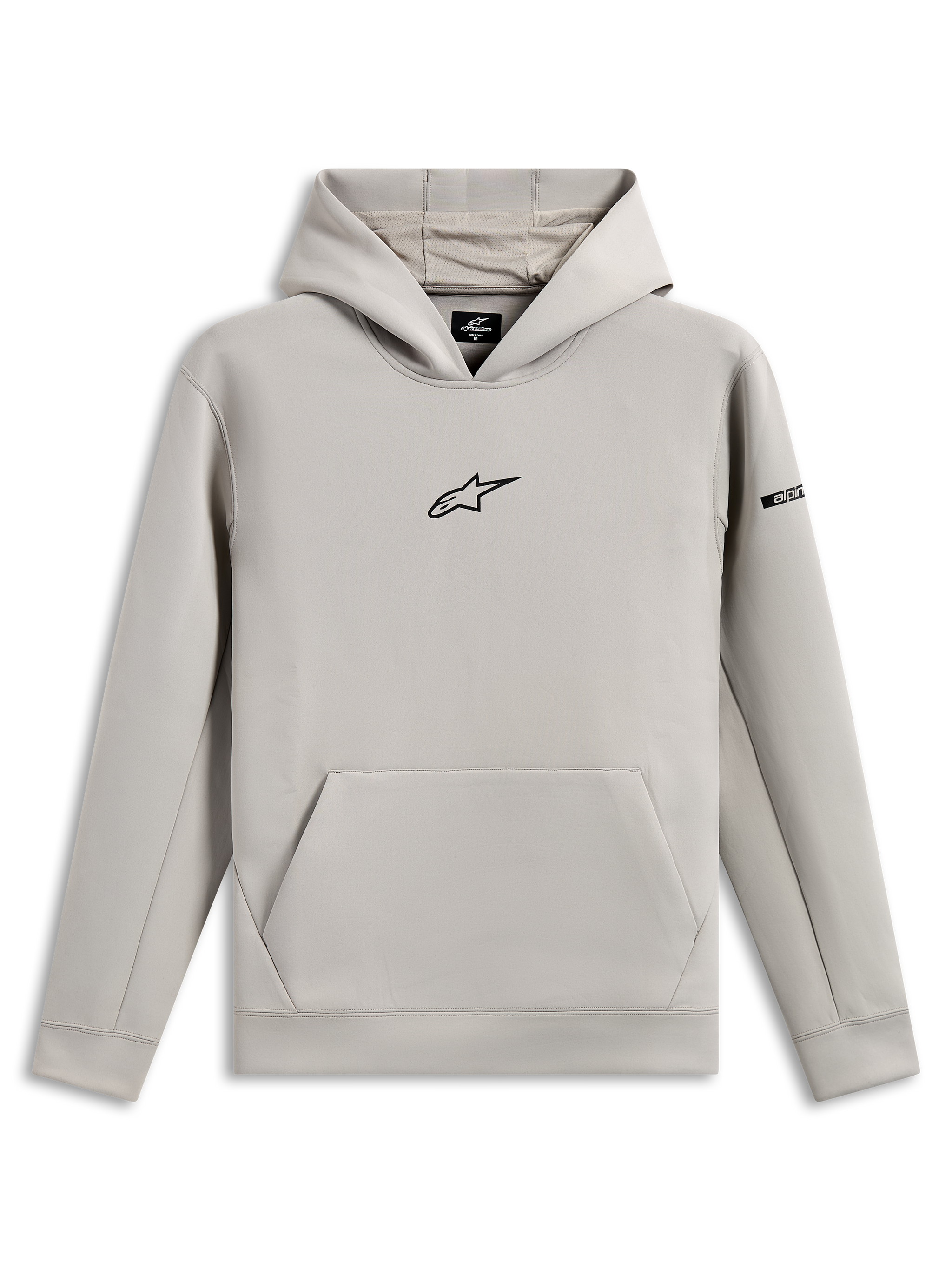 Alpinestars Insight Hoodie, casual sportswear, Cement gray with black Astars logo on chest, kangaroo pocket, mesh-lined hood, long sleeves, modern motorsport-inspired design