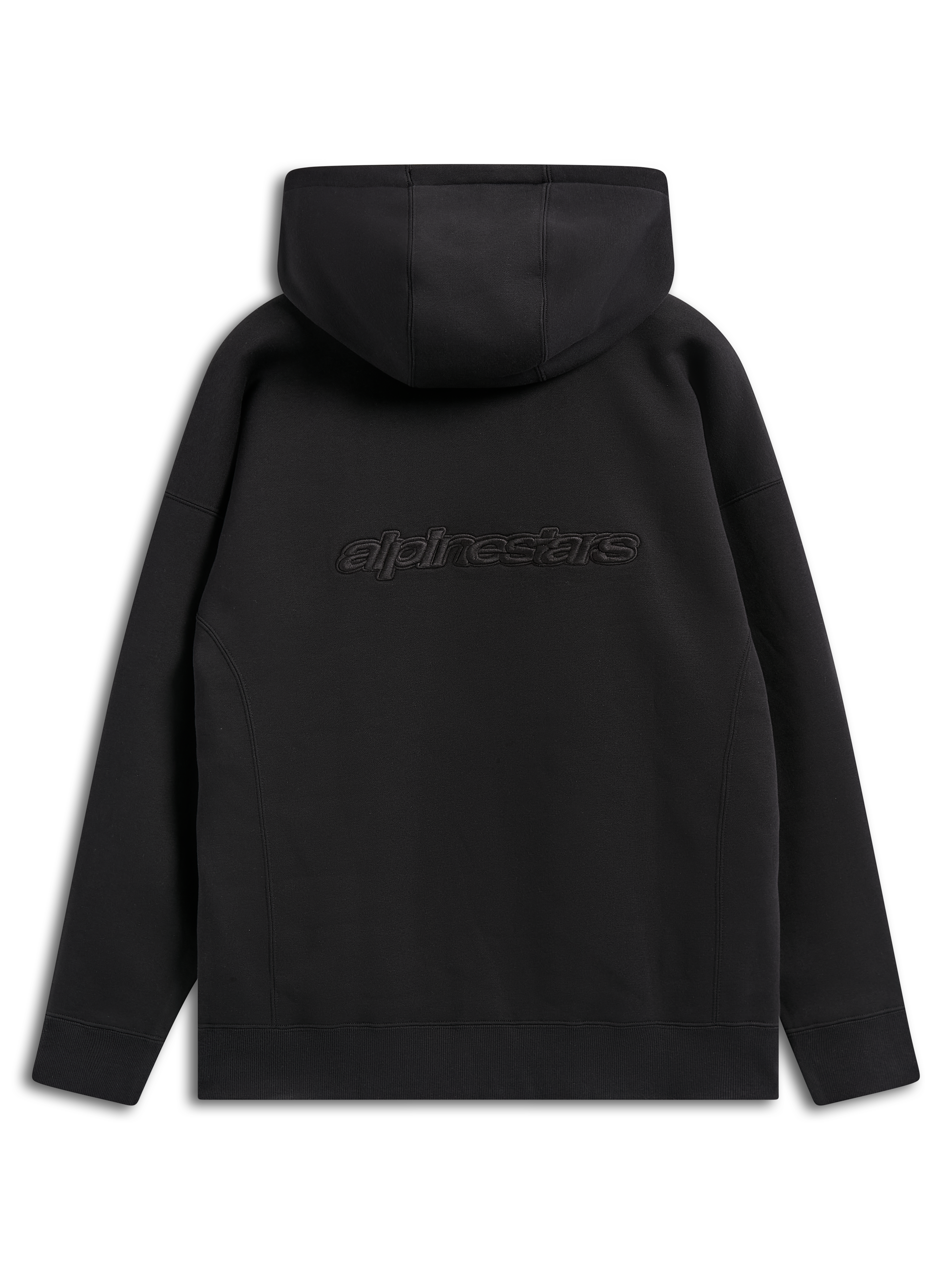 Alpinestars Emergent Oversized Hoodie, black casual streetwear, back view showing embroidered Alpinestars word logo, oversized fit with hooded design and ribbed hem