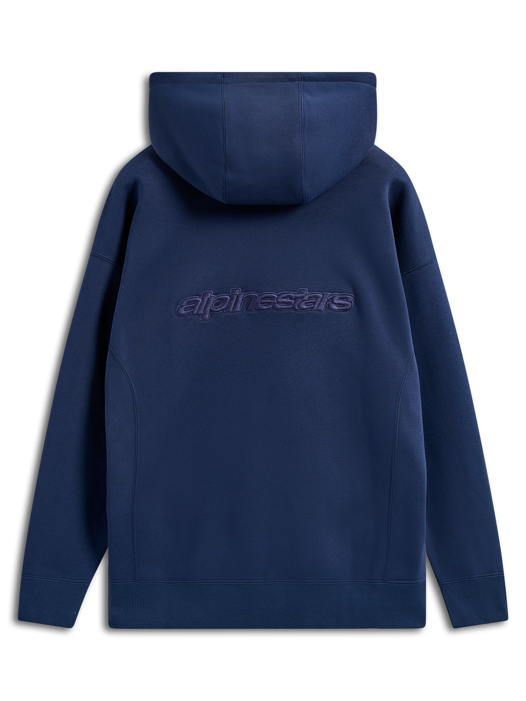 Alpinestars Emergent Oversized Hoodie, Navy Blue, back view featuring embroidered Alpinestars word logo, oversized fit pullover fleece, casual streetwear with drawstring hood and ribbed cuffs