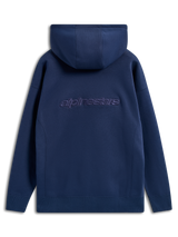 Alpinestars Emergent Oversized Hoodie, Navy Blue, back view featuring embroidered Alpinestars word logo, oversized fit pullover fleece, casual streetwear with drawstring hood and ribbed cuffs