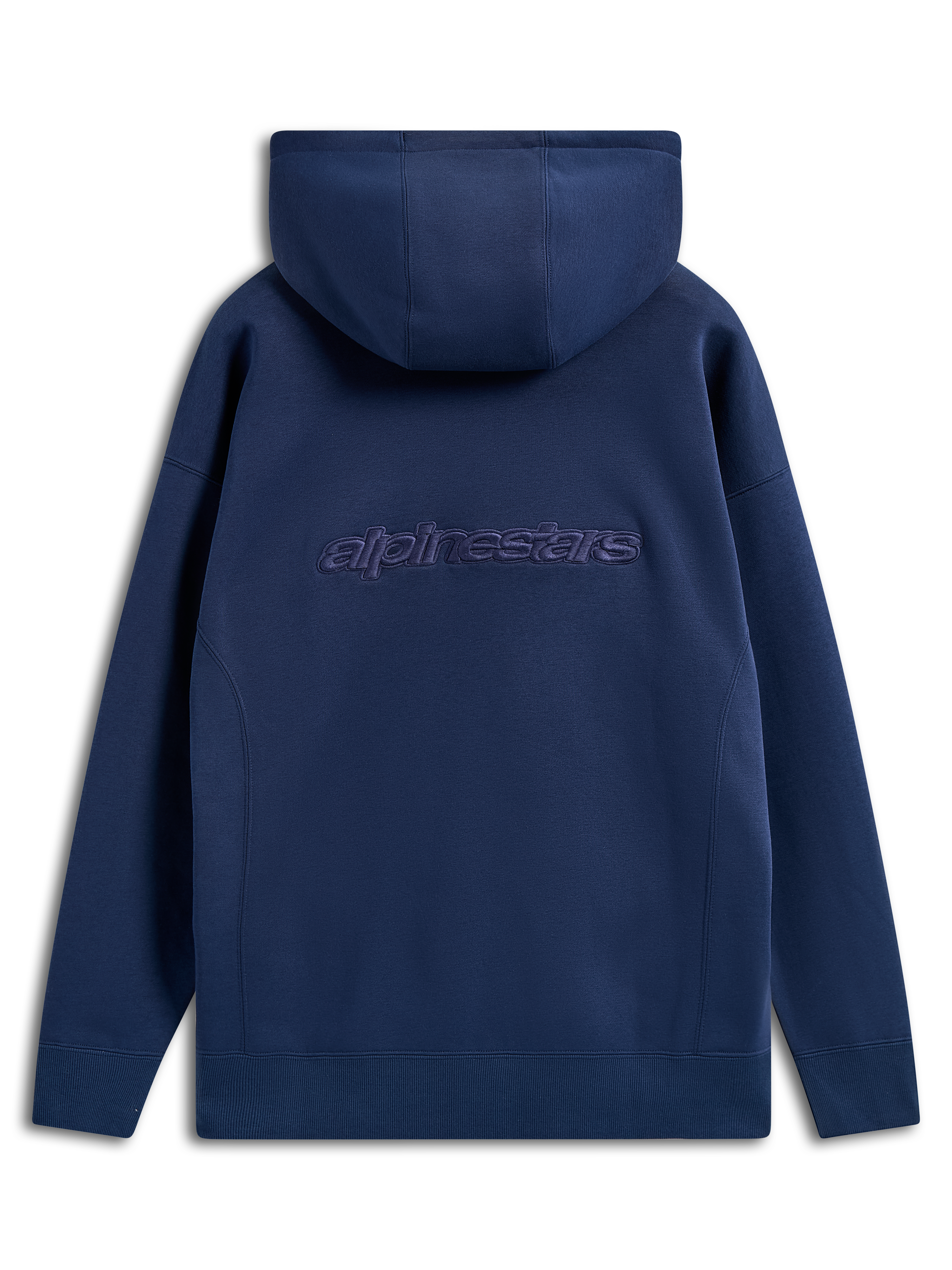 Alpinestars Emergent Oversized Hoodie, Navy Blue, back view featuring embroidered Alpinestars word logo, oversized fit pullover fleece, casual streetwear with drawstring hood and ribbed cuffs