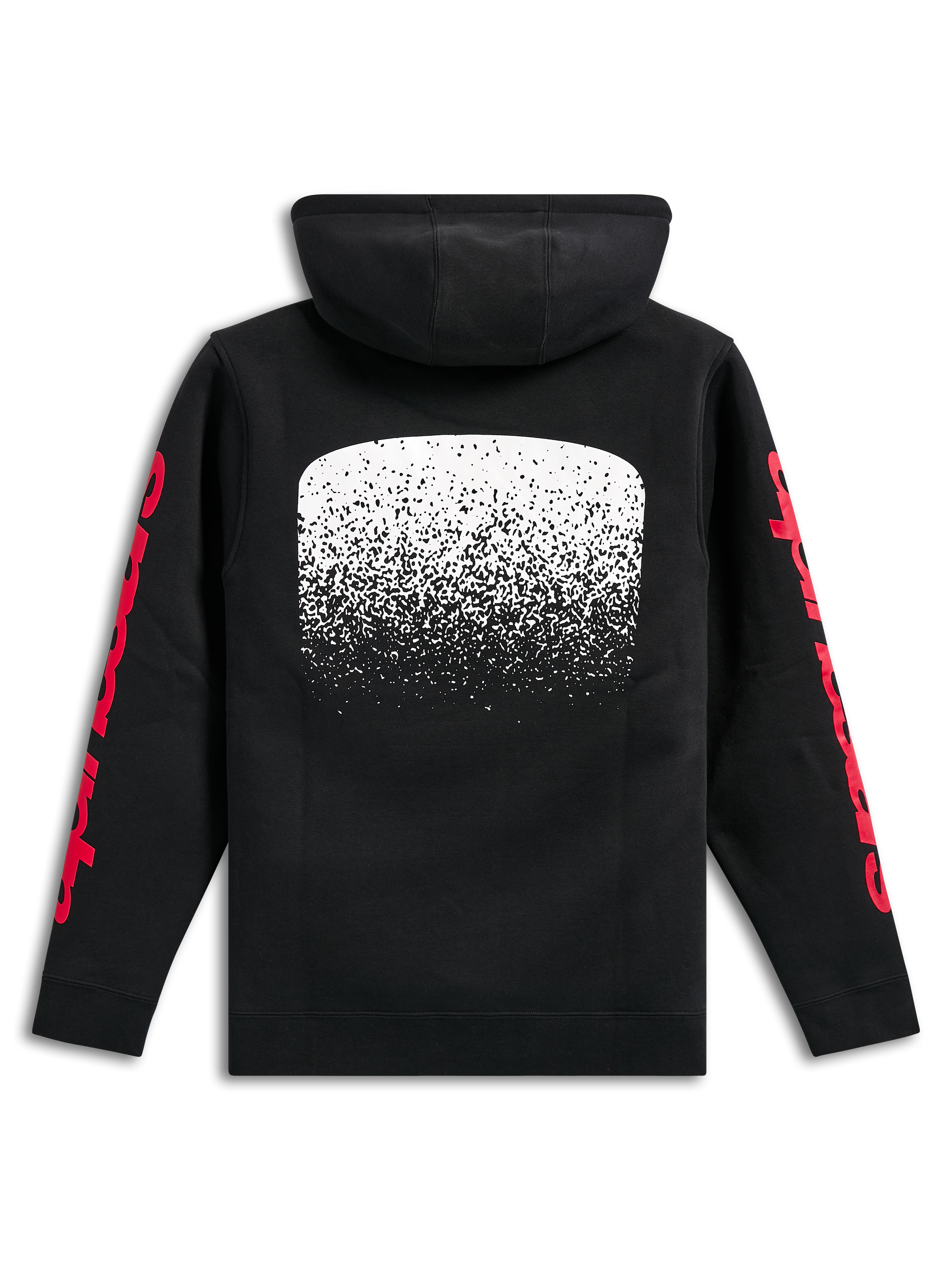 Alpinestars Obsessed Hoodie, black pullover fleece hoodie, back view, large white MX gradation graphic on back, red Alpinestars word logos on sleeves, casual motorsport-inspired streetwear