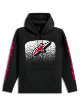 Alpinestars Obsessed Hoodie, Black pullover hoodie, large front Astars logo with white and red MX gradation, red Alpinestars wordmarks on sleeves, drawstring hood and kangaroo pocket, casual motorsport-inspired streetwear