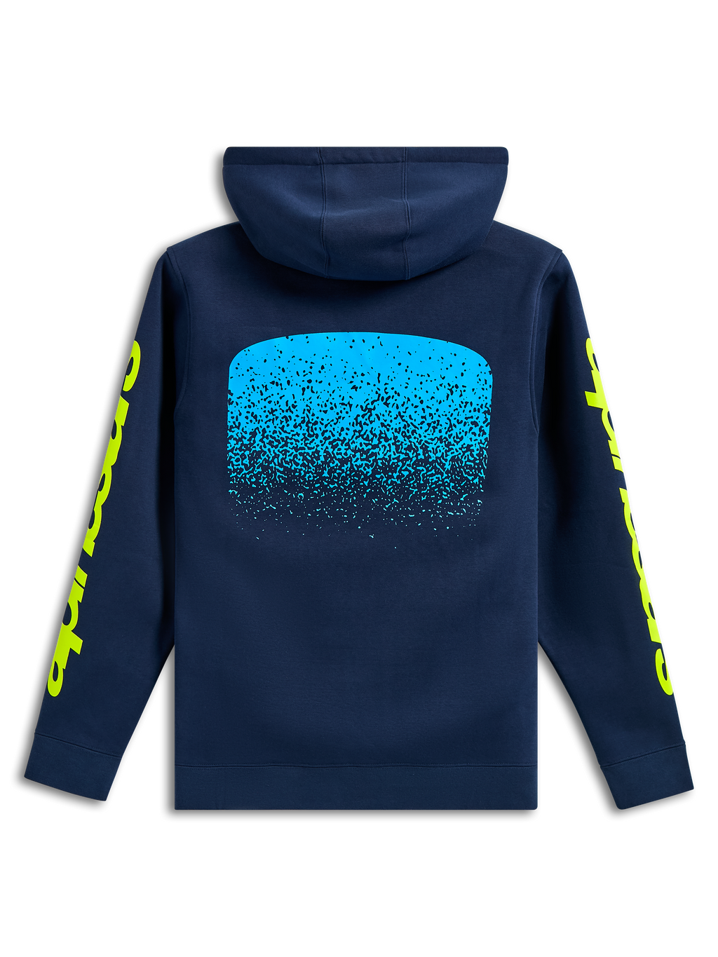 Alpinestars Obsessed Hoodie, back view, Navy blue, light blue MX gradation graphic on the back, yellow Alpinestars word logos on sleeves, casual motorsport streetwear