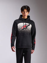 Alpinestars Obsessed Hoodie, casual sportswear, black pullover featuring a large front Astars logo with a white and black speckled MX gradation, red sleeve branding, drawstring hood, and ribbed cuffs.