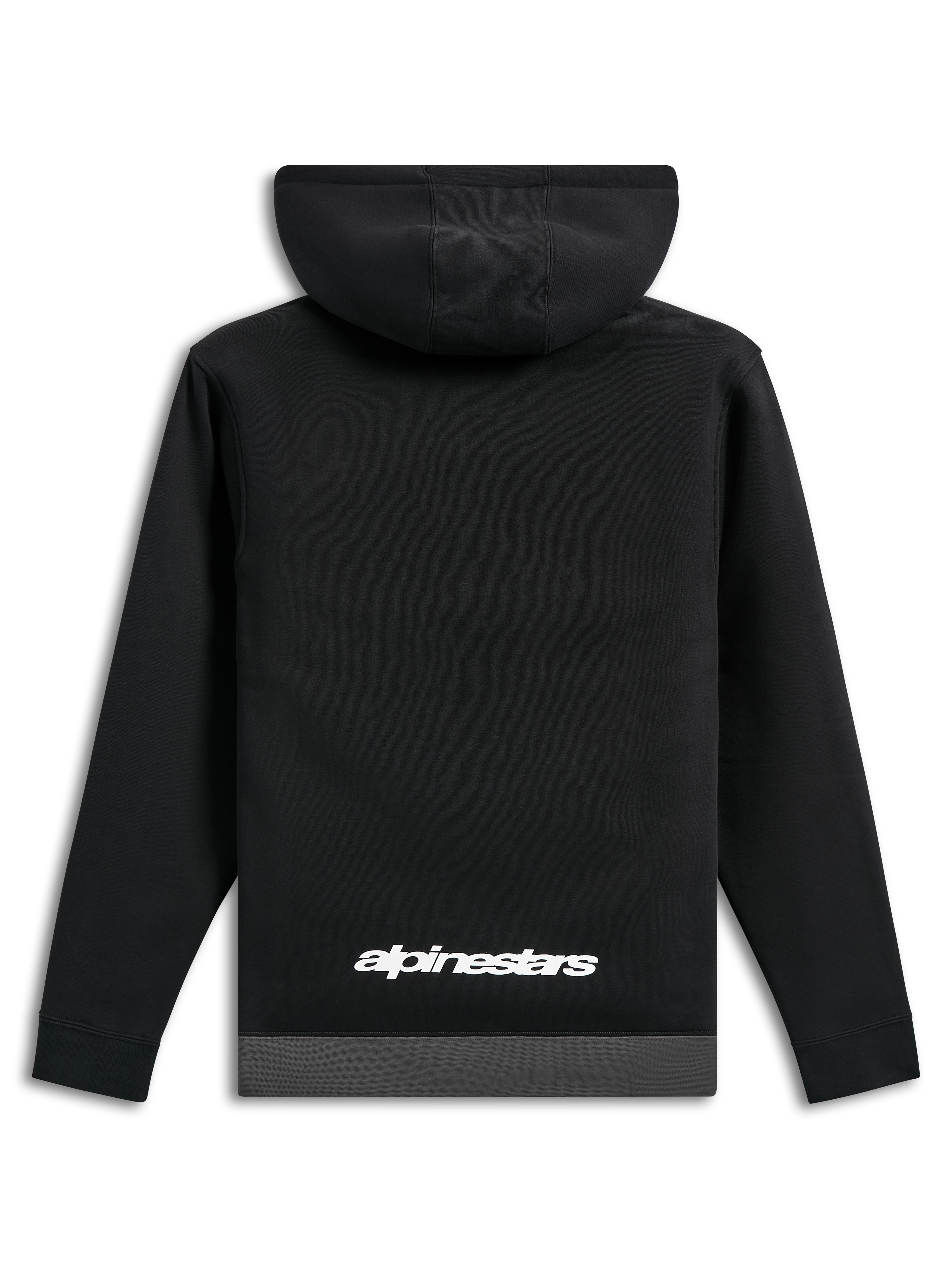 Alpinestars Parallel Hoodie, back view, black with a gunmetal grey hem, white Alpinestars word logo on the lower back, casual motorsport-inspired streetwear, long sleeves with ribbed cuffs