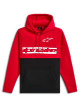 Alpinestars Parallel Hoodie, pullover fleece, red and black color-blocked design, features a white Astars logo and red Alpinestars word logo on a white chest bar, drawstring hood, kangaroo pocket, casual motorsport streetwear