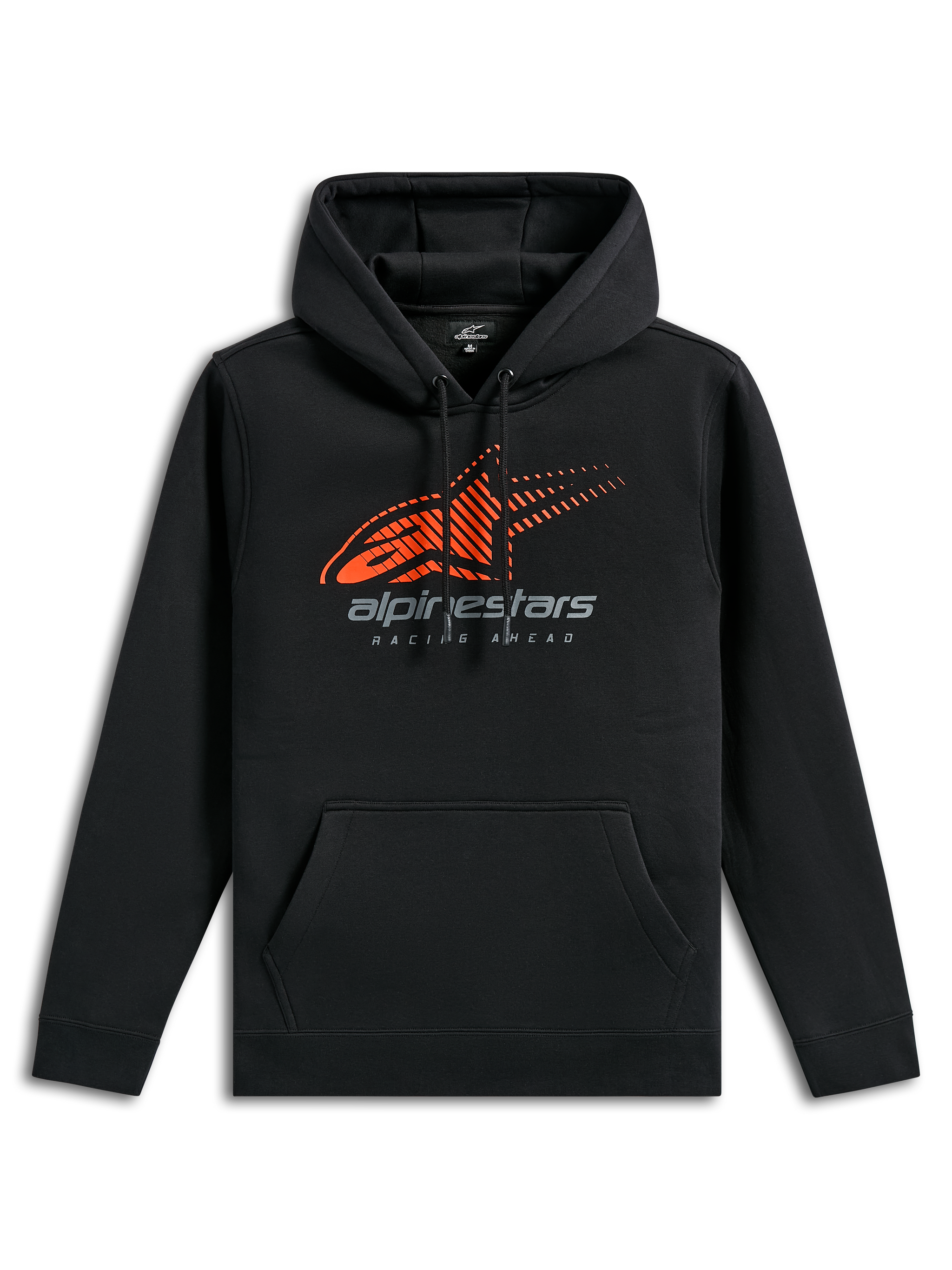 Alpinestars Pulse Hoodie, black casual sportswear, featuring an orange Astars logo with speed line fade on the chest, grey alpinestars branding, front pouch pocket, and drawstring hood