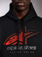 Alpinestars Pulse Hoodie, black pullover hoodie, close-up of chest featuring red Astars logo with speed line fade and silver branding, black drawstrings with dipped tips, casual motorsport streetwear